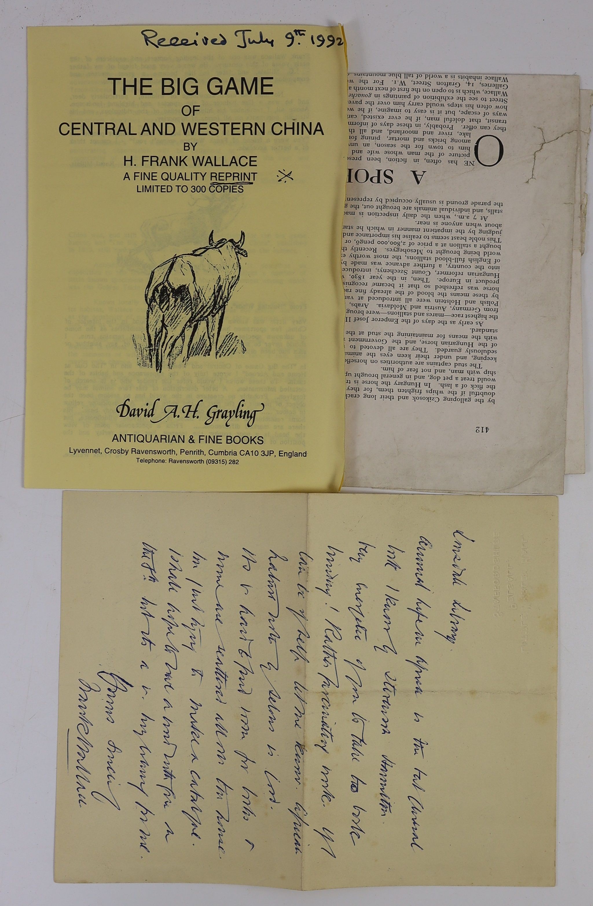 Wallace, Harold Frank. The Big Game of Central and Western China Being an Account of a Journey from Shanghai to London Overland Across the Gobi Desert. London, 1913. Original cloth binding rubbed and worn, the rear spine